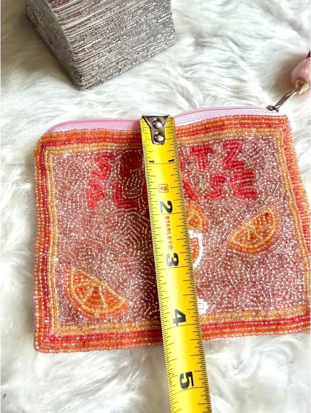 Beaded Pink 'Spritz Please' Cocktail Themed Coin Purse Pouch with Pom Pom Zipper